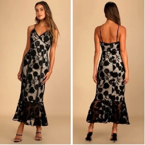 Lulus Alluring‎ Dream Navy Blue Floral Mesh Lace Trumpet Midi Dress New! Size L - Picture 1 of 8